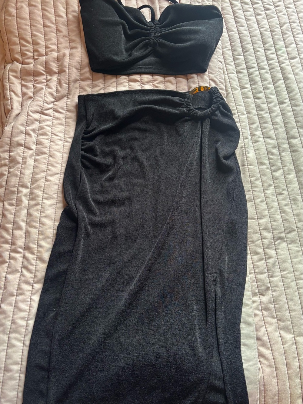 Almost Famous black maxi skirt and crop top set in size S
